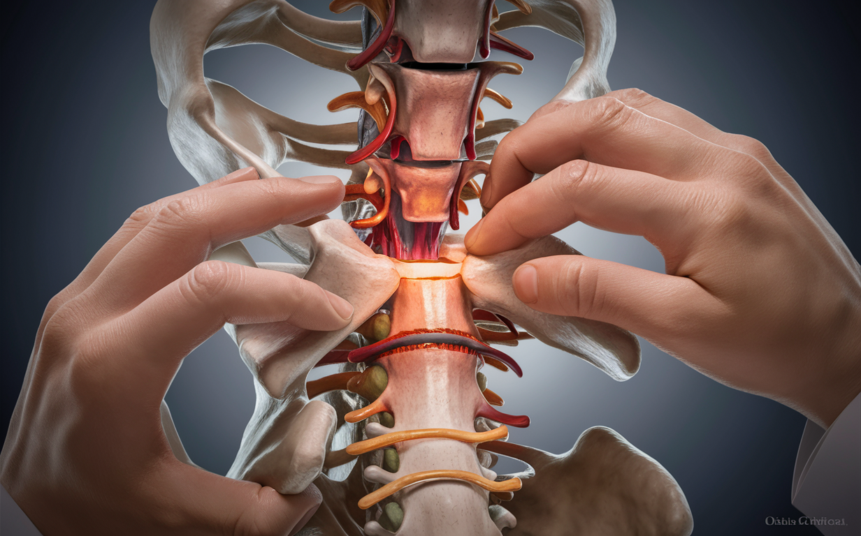 Detailed illustration of the cervical spine anatomy, highlighting the vertebrae, discs, and surrounding structures, with hands pointing to the upper cervical region, depicting orthospinology and the Grostic procedure for upper cervical chiropractic care.