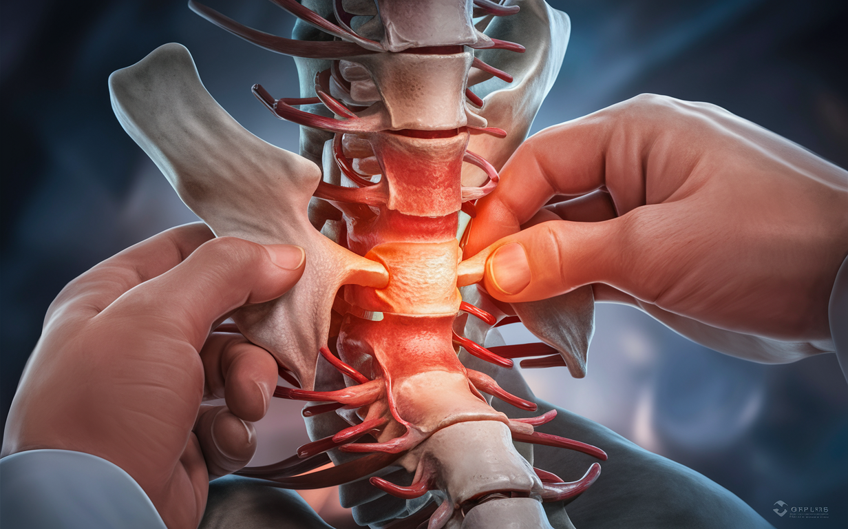 An illustration depicting the Orthospinology and Grostic procedure, a revolutionary technique in upper cervical chiropractic care, showing hands performing an adjustment on a patient's neck and spine, surrounded by anatomical imagery and text describing the procedure.