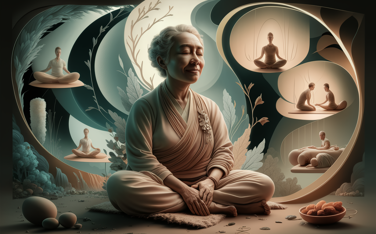 Embracing Inner Balance: A Holistic Journey to Wellness An illustration depicting two figures in a harmonious yin-yang pose, surrounded by flowing organic shapes and botanical elements, symbolizing the balance between mind, body, and spirit in managing chronic conditions through a holistic approach.