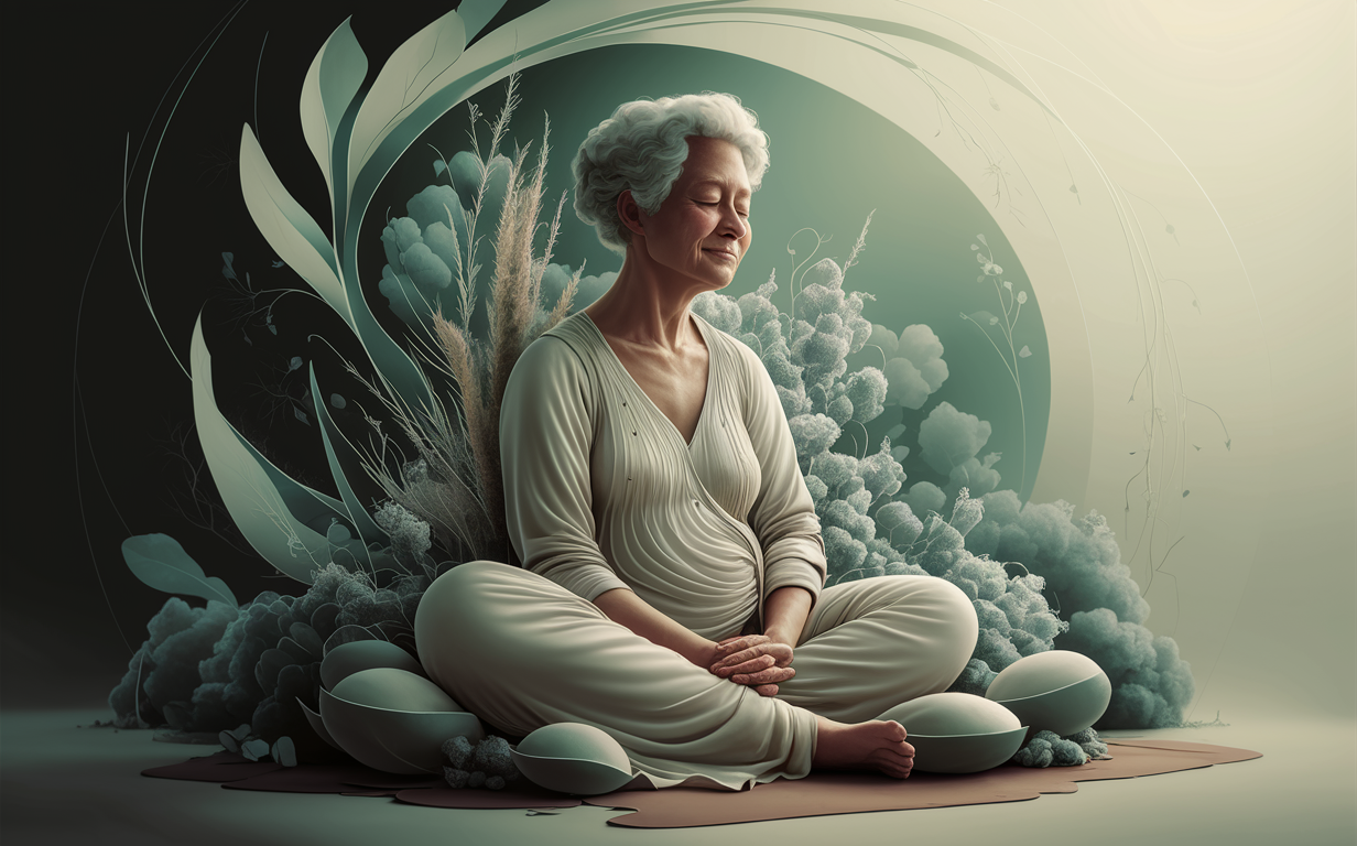 Serene Meditation for Pain Management and Holistic Wellbeing An elderly woman in a white dress meditating peacefully surrounded by stylized plants and flowers in shades of green, representing a holistic approach to managing chronic conditions and pain through mindfulness practices.