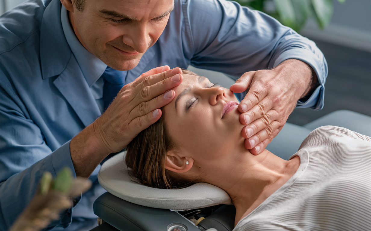 Upper Cervical Chiropractic Adjustment A chiropractor performing an upper cervical adjustment on a patient, carefully manipulating the neck area