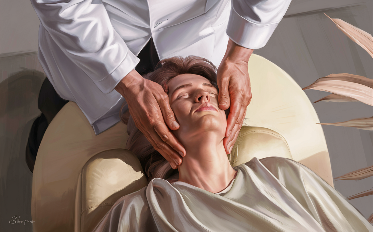 Upper Cervical Spine Anatomy and Chiropractic Adjustment An illustrative image showing the anatomy of the upper cervical spine vertebrae and hands performing a chiropractic adjustment on the neck area.