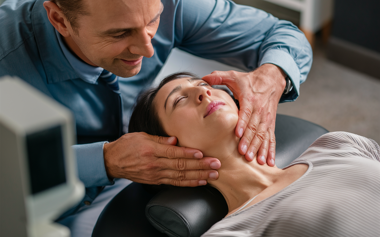 Chiropractor Performing Upper Cervical Adjustment A chiropractor gently adjusting the upper cervical spine of a patient lying on a treatment table