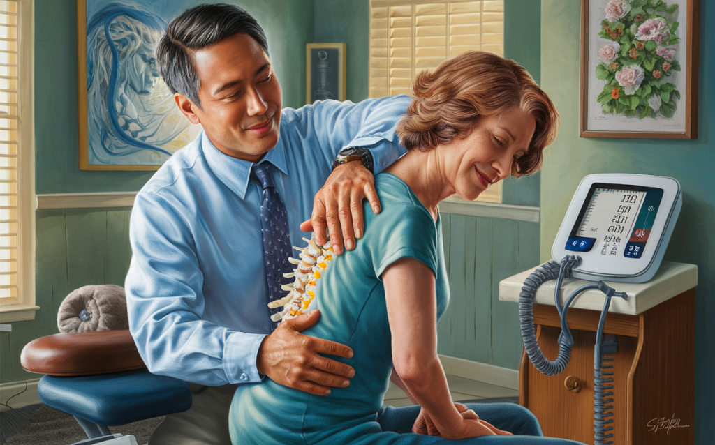 A chiropractor gently adjusts the spine of a patient while a blood pressure monitor is visible, suggesting a connection between chiropractic care and improved blood pressure regulation.