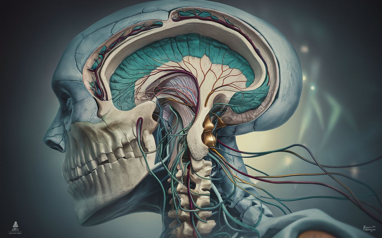 Anatomical Illustration of the Human Brain and Skull A detailed anatomical illustration showing the internal structures of the human brain and skull, including the cerebrum, brainstem, and spinal cord, with a focus on the craniocervical junction and upper cervical region.