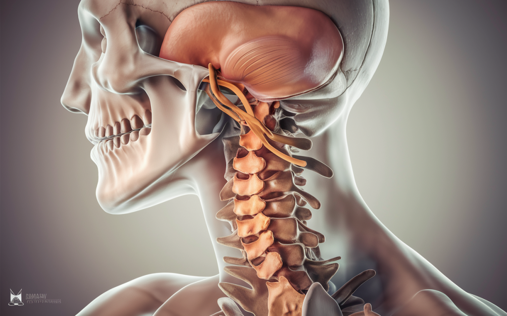 A detailed anatomical illustration showing the skull, brainstem, and upper cervical vertebrae, highlighting the craniocervical junction region. blair upper cervical care
