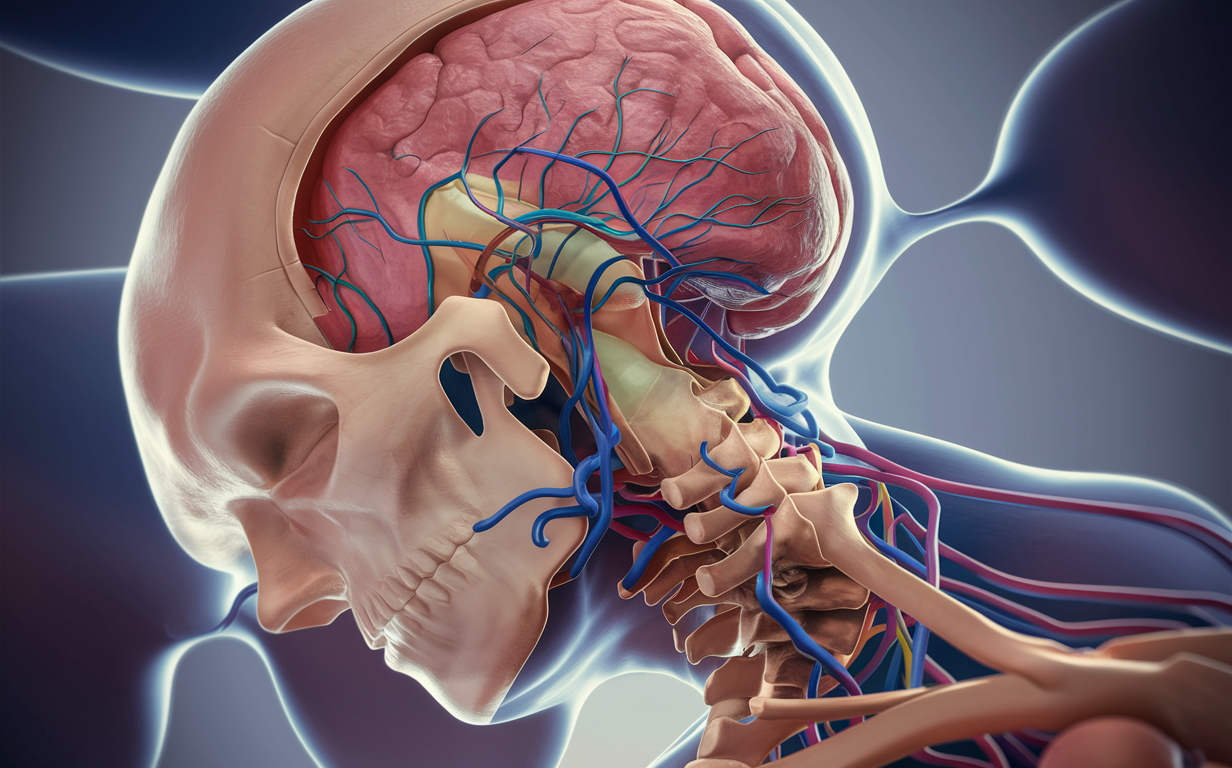Anatomical View of the Craniocervical Junction and Brainstem A detailed anatomical illustration showing the craniocervical junction, brainstem, and upper cervical region with arteries and nerves highlighted in color