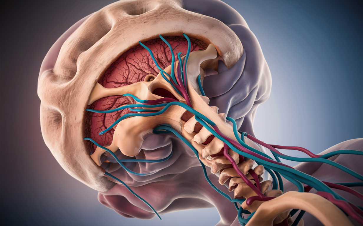 Anatomical Illustration of the Craniocervical Junction and Brainstem An anatomical illustration depicting the craniocervical junction, brainstem, and upper cervical region, with muscles, bones, and blood vessels highlighted in detail.
