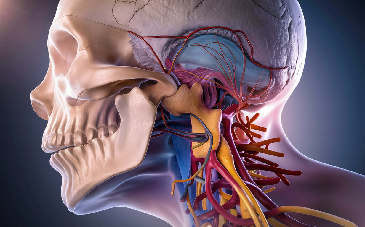 Anatomical illustration of the craniocervical junction and brainstem A detailed anatomical illustration showing the skull, craniocervical junction, brainstem, and upper cervical vertebrae with various structures like arteries, veins, and nerves highlighted in different colors.