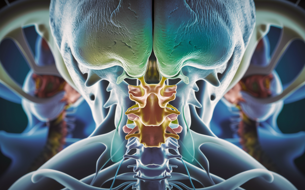 Craniocervical Junction and Brainstem Anatomy Detailed anatomical illustration of the craniocervical junction, brainstem, and upper cervical spine