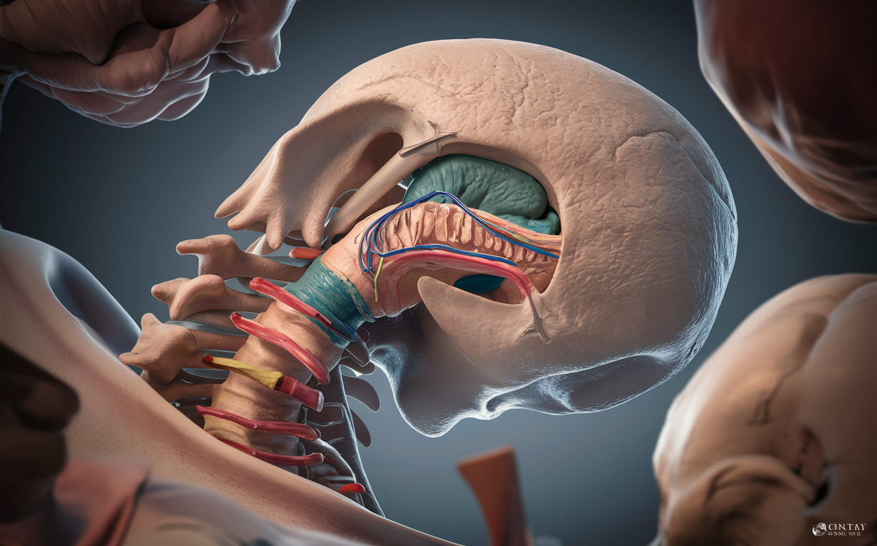 Anatomical Illustration of the Craniocervical Junction and Brainstem A detailed anatomical illustration showing the craniocervical junction, brainstem, and upper cervical spine. The image depicts hands manipulating the anatomical structures to provide an understanding of this critical region.