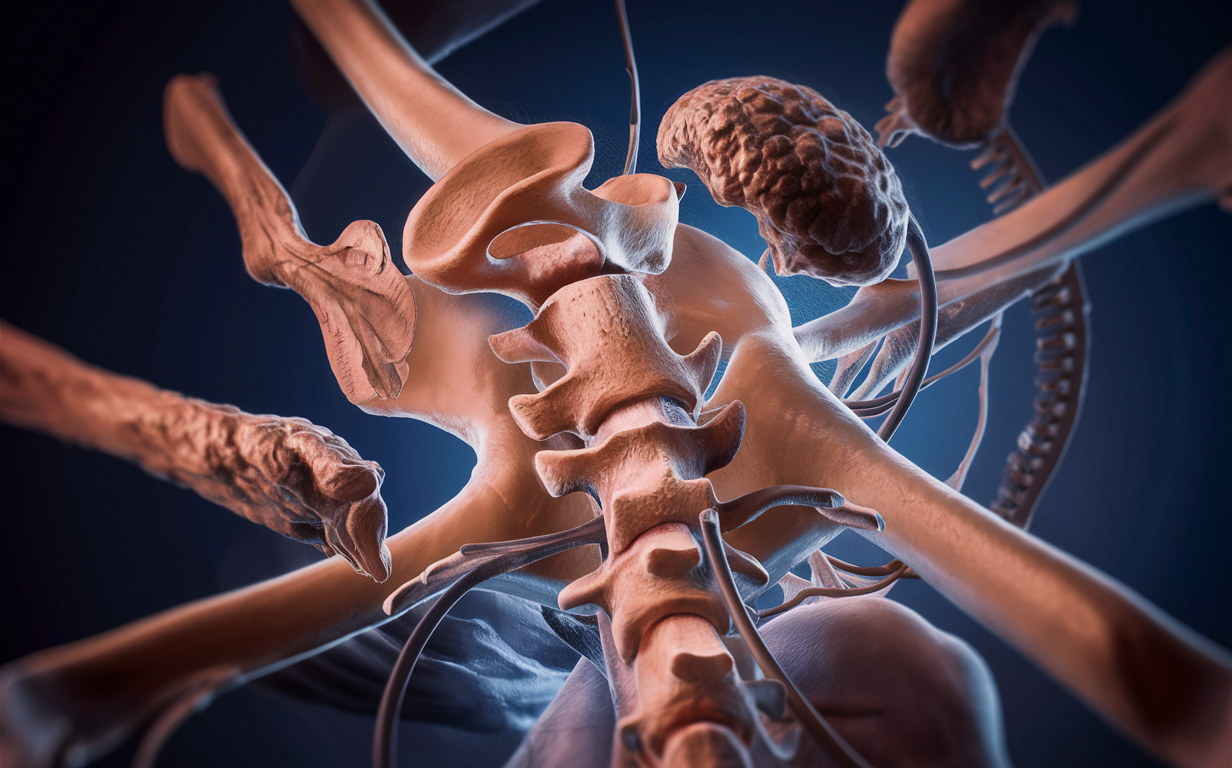 Illustration of Upper Cervical Spine Biomechanics A highly detailed 3D illustration depicting the biomechanics of the upper cervical spine, showing the vertebrae, intervertebral discs, and a herniated or bulging disc pressing against the spinal cord.