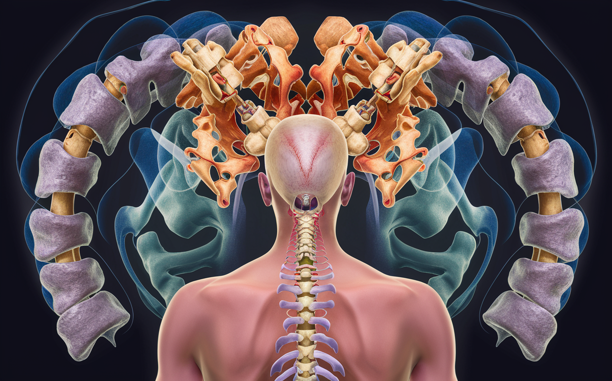 Anatomy of Upper Cervical Spine and Vertebrae Detailed illustration of the upper cervical spine, vertebrae, and surrounding bone and muscle structures, highlighting the potential impact of misalignments on biomechanics.