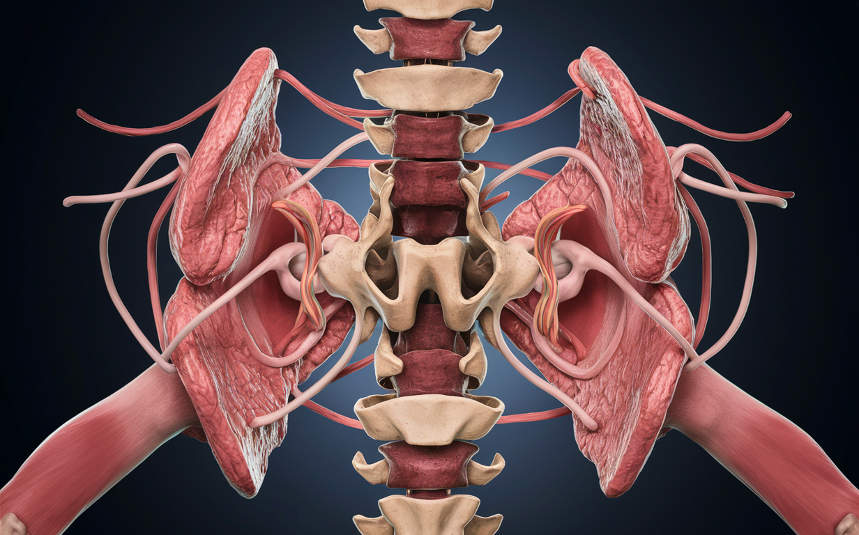 Detailed Anatomy of the Upper Cervical Spine A highly detailed 3D illustration showing the intricate anatomy of the upper cervical spine, including the vertebrae, intervertebral discs, and surrounding structures.
