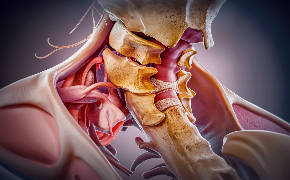 Detailed Anatomy of the Upper Cervical Spine A highly detailed 3D illustration of the upper cervical spine, showing the intricate structure of the vertebrae, intervertebral discs, and surrounding muscles and ligaments.