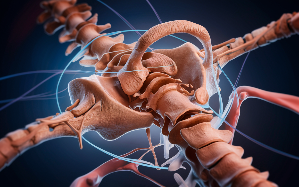 Detailed Anatomy of the Upper Cervical Spine A detailed anatomical illustration of the upper cervical spine, showing the vertebrae, intervertebral discs, and surrounding muscles and ligaments in cross-section