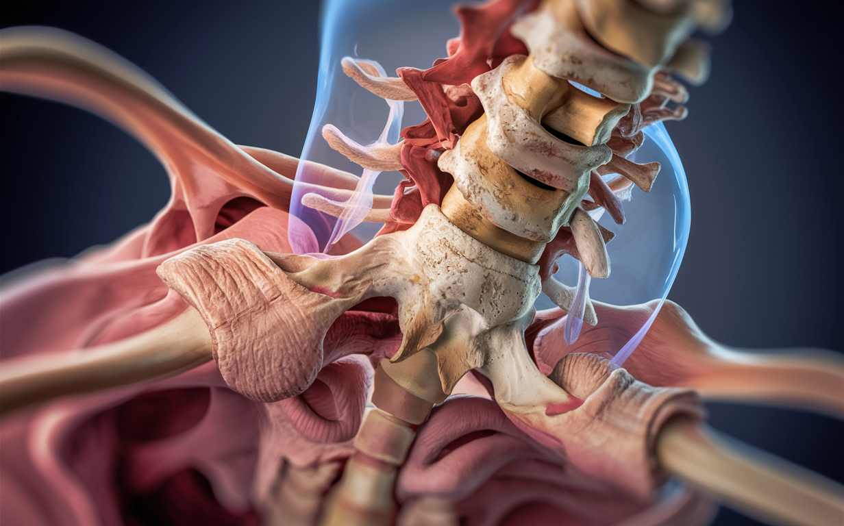 Detailed Anatomy of the Upper Cervical Spine An anatomical illustration showing the intricate structures of the upper cervical spine, including vertebrae, ligaments, and surrounding musculature, providing insight into the biomechanics of this critical region.