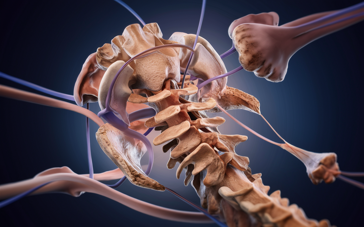 Detailed Illustration of Upper Cervical Vertebrae and Nerves A highly detailed 3D illustration depicting the intricate structure of the upper cervical vertebrae, spinal cord, and surrounding nerves, showcasing the biomechanics and potential misalignments in this critical region of the spine.