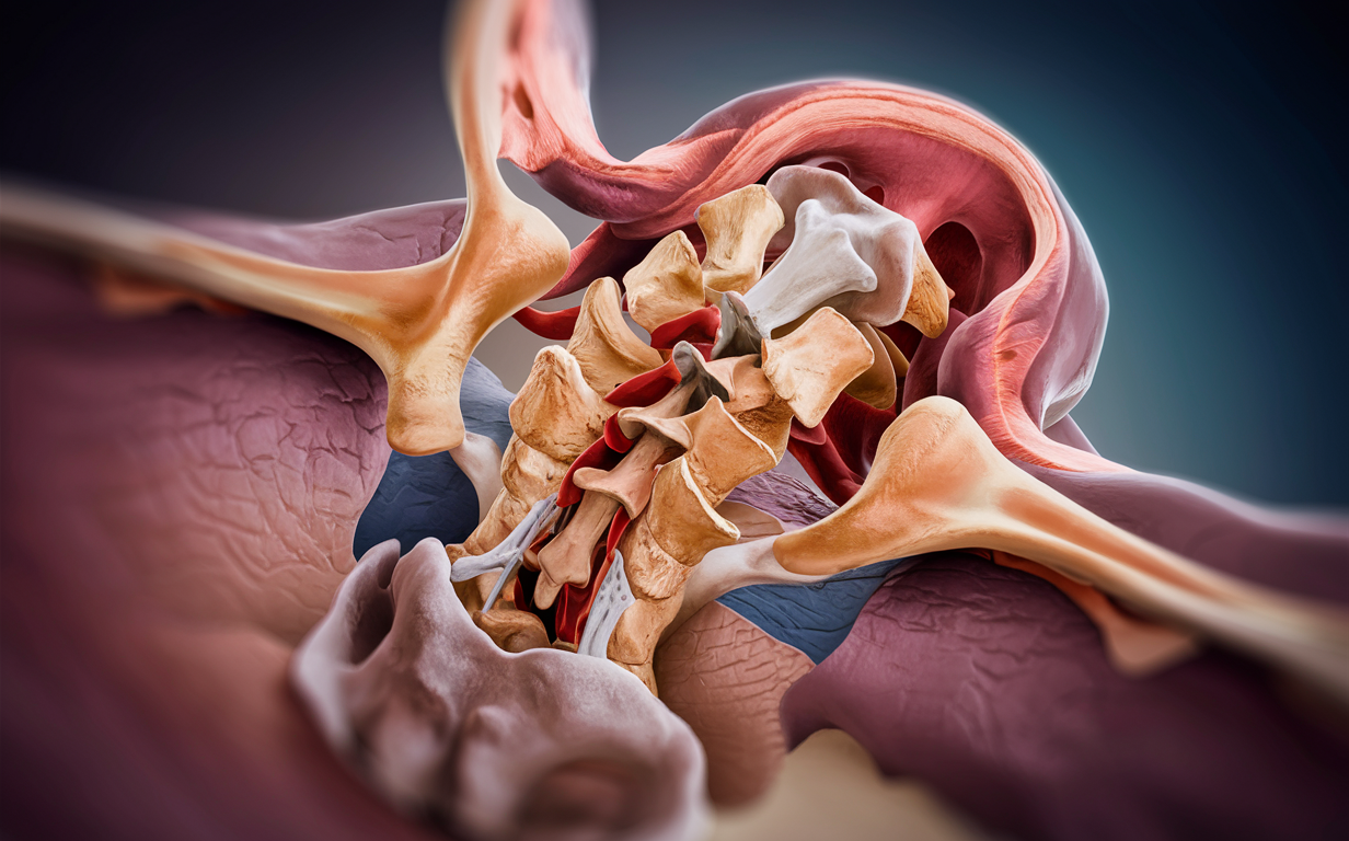 Anatomical Illustration of the Upper Cervical Spine A detailed anatomical illustration showing the bones, muscles, and vasculature of the upper cervical spine, with labels identifying various components such as the occipital bone, atlas vertebra, axis vertebra, and vertebral arteries.