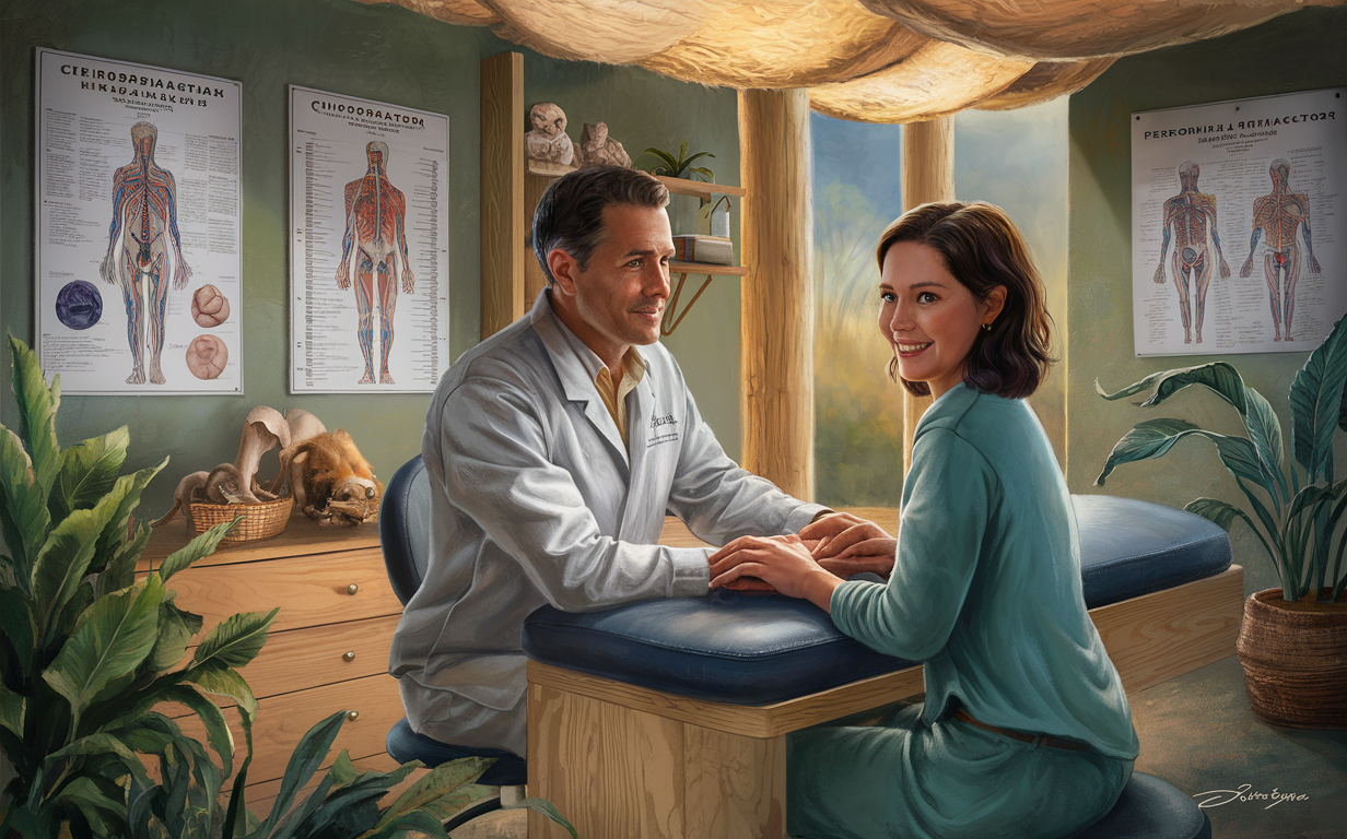 An illustration of a chiropractor consulting with a patient, depicting personalized chiropractic care