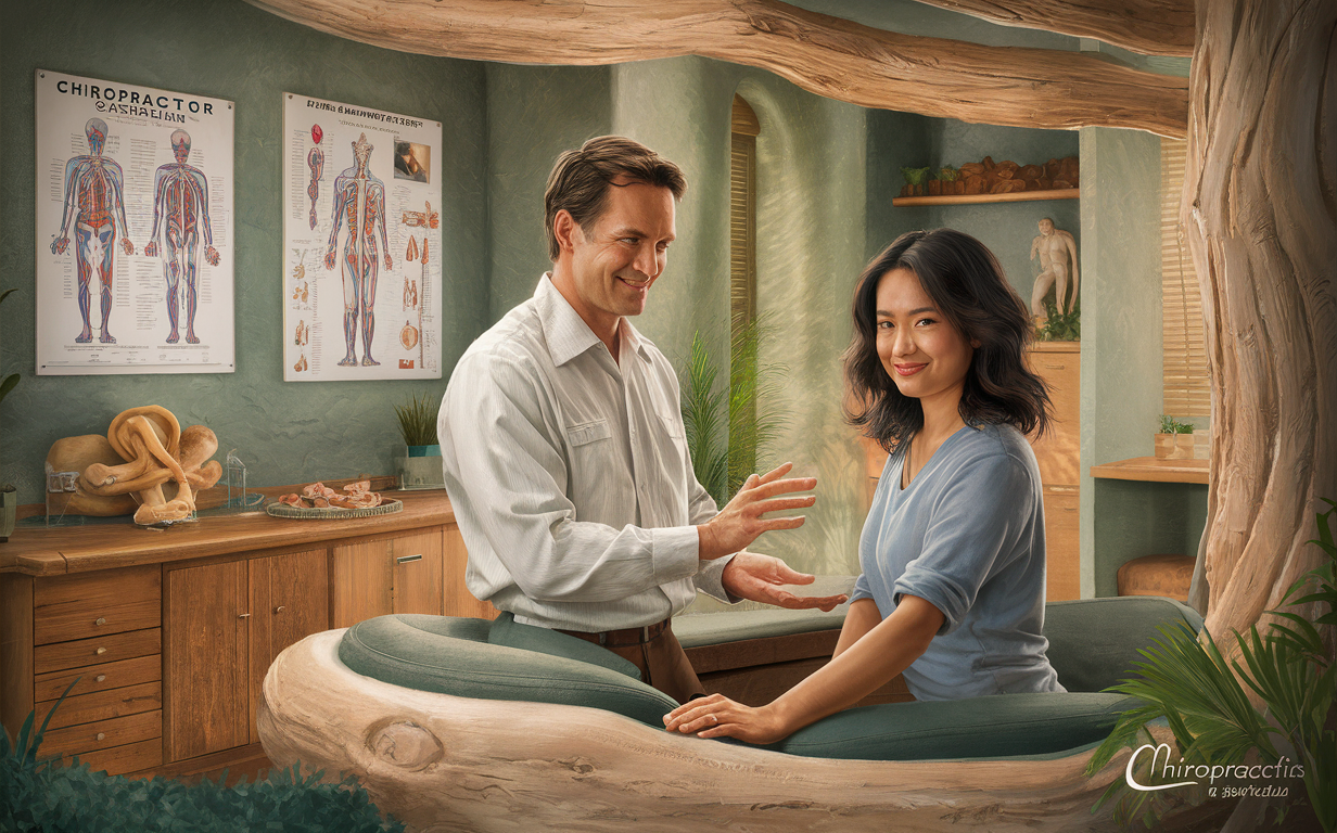 A chiropractor consulting with a patient in a calm, professional office setting with anatomical charts on the walls.