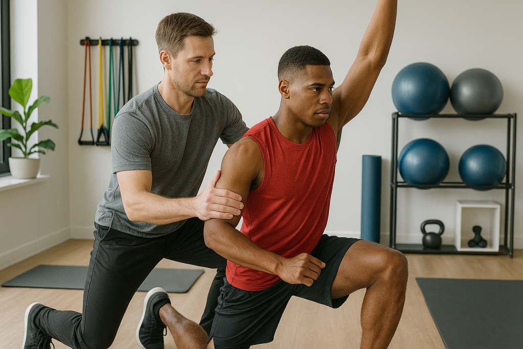 Sports therapist assisting an athlete with rehabilitation exercises to prevent injuries and improve performance.
