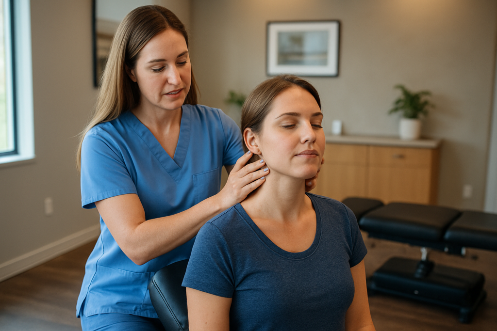 Upper cervical chiropractor performing a gentle neck adjustment on a patient in a modern Missoula clinic.