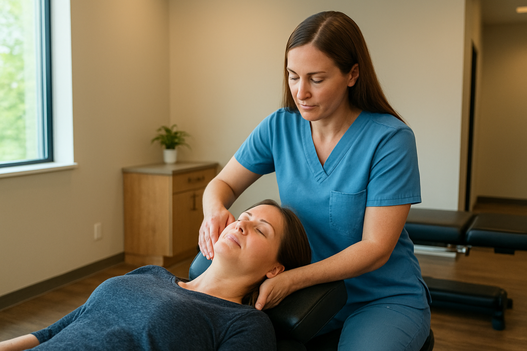 Chiropractor performing a gentle spinal adjustment on a patient in a modern Missoula clinic.