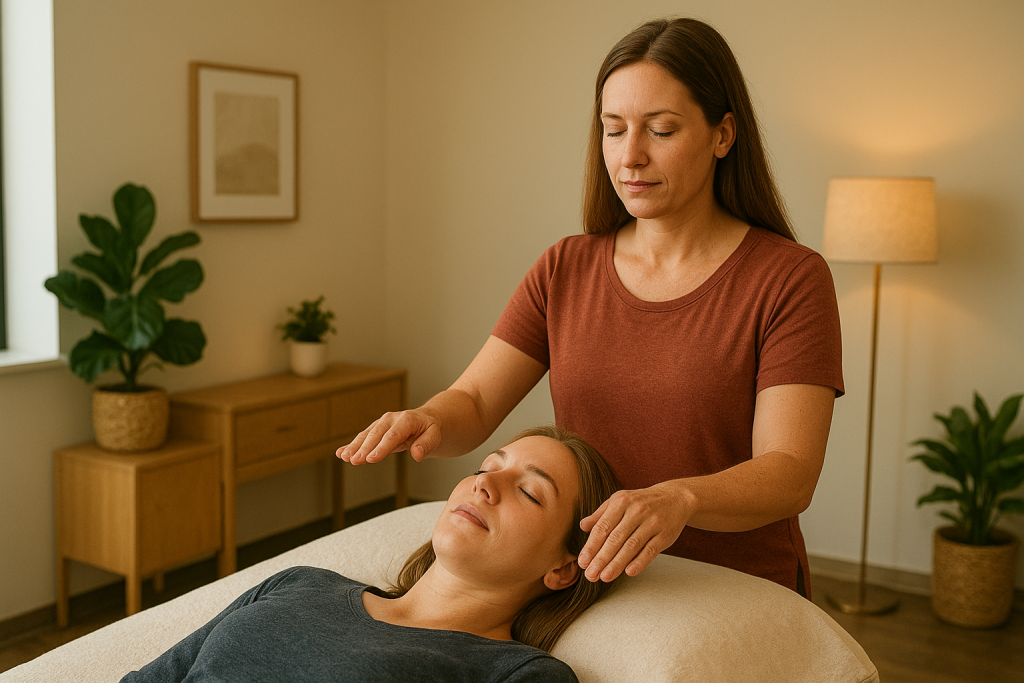 Reiki practitioner providing gentle pain relief session to a relaxed client in a modern Missoula clinic.