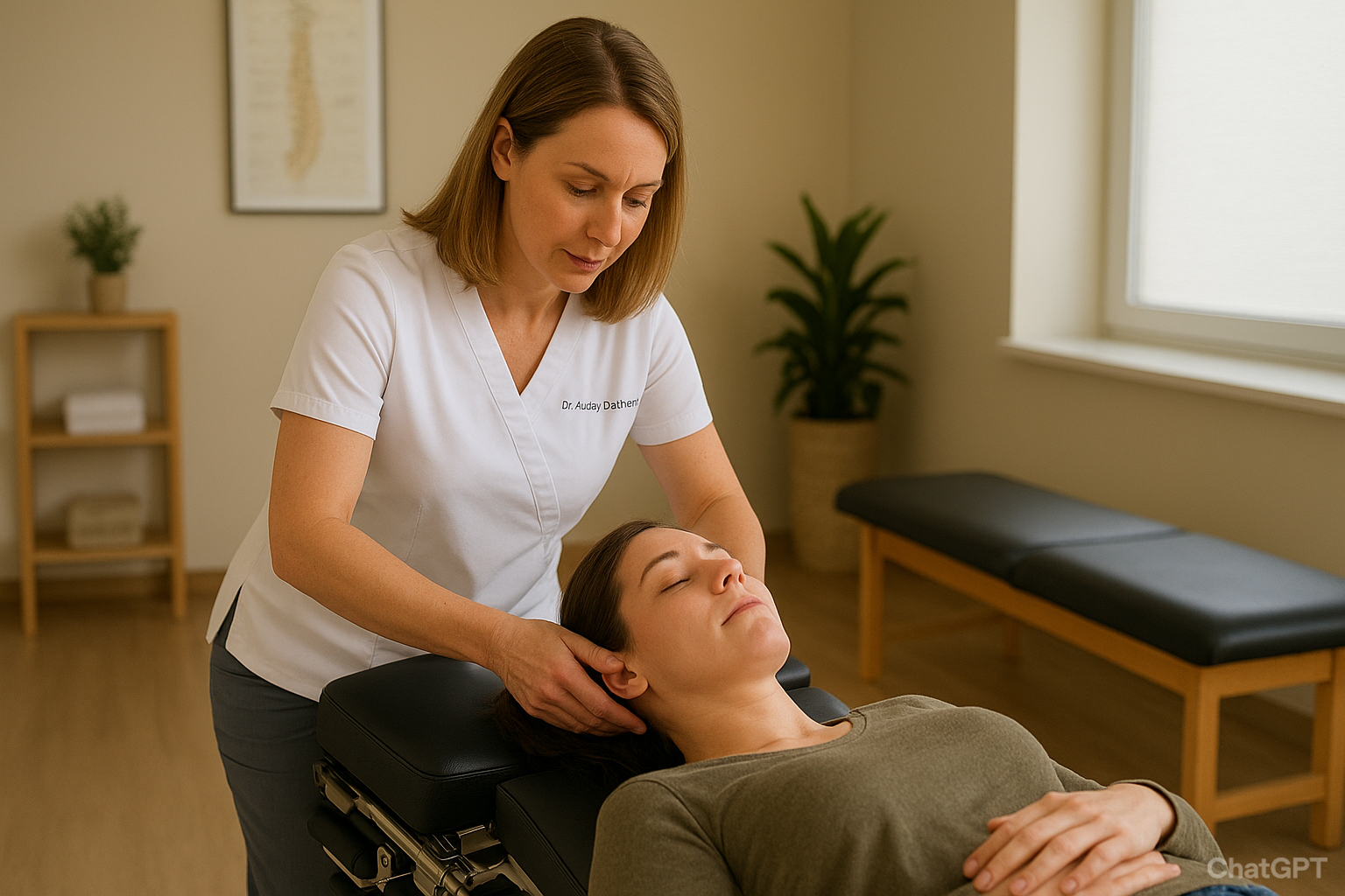 Female upper cervical chiropractor in Missoula performing a precise Blair Upper Cervical adjustment on a patient at Krieg Chiropractic Center.