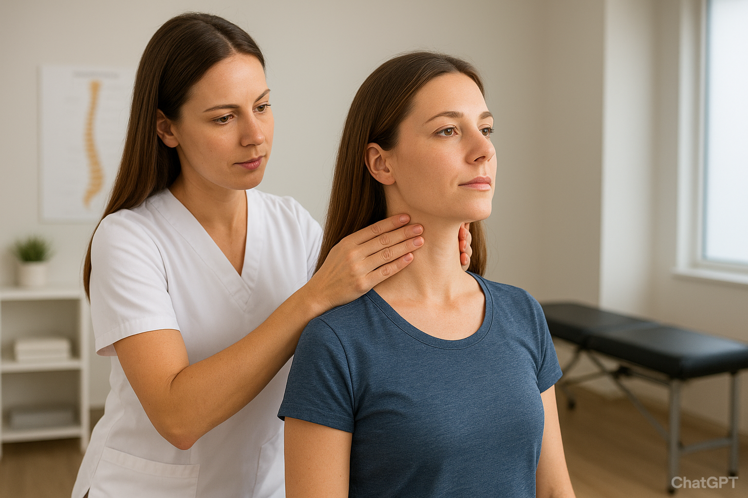 Female chiropractor in Missoula checking a female patient’s neck alignment during a posture evaluation at Krieg Chiropractic Center.