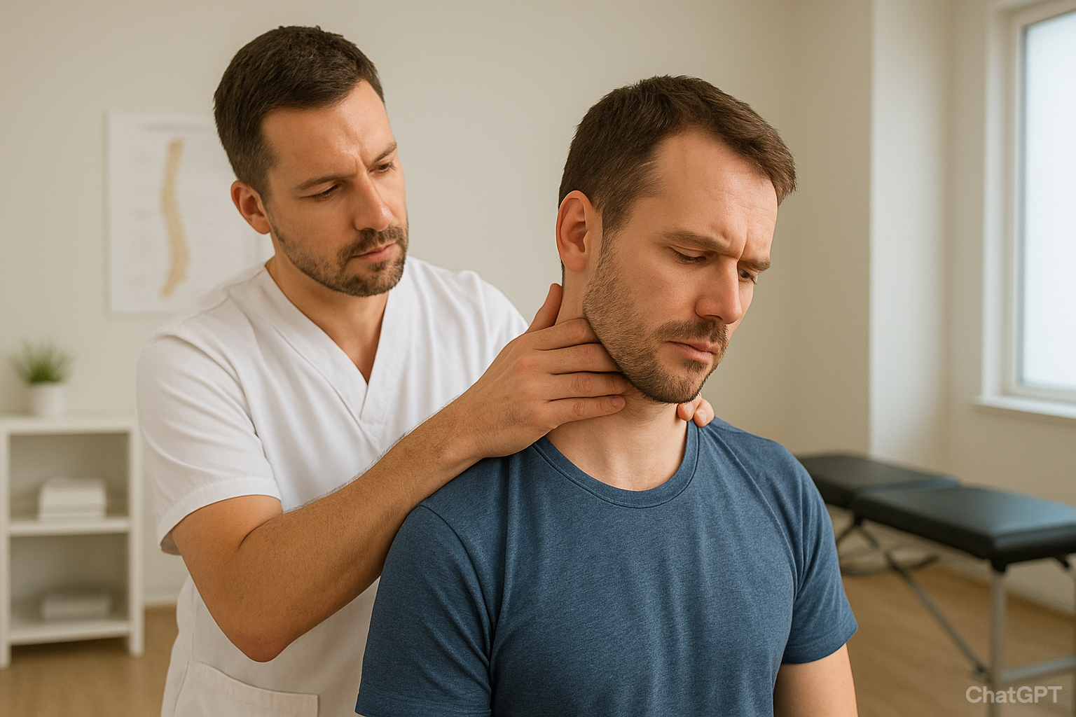 Male chiropractor in Missoula evaluating a male patient’s neck alignment for headache relief at Krieg Chiropractic Center.