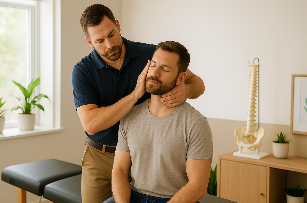 Chiropractor in Missoula providing gentle neck adjustment for headache relief at Krieg Chiropractic Center.