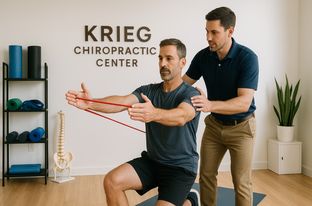 Chiropractor in Missoula guiding a patient through corrective exercises at Krieg Chiropractic Center for posture improvement.