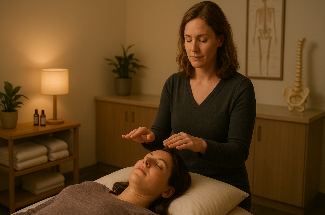 Reiki practitioner performing gentle energy healing for sleep improvement at Krieg Chiropractic Center in Missoula, MT.