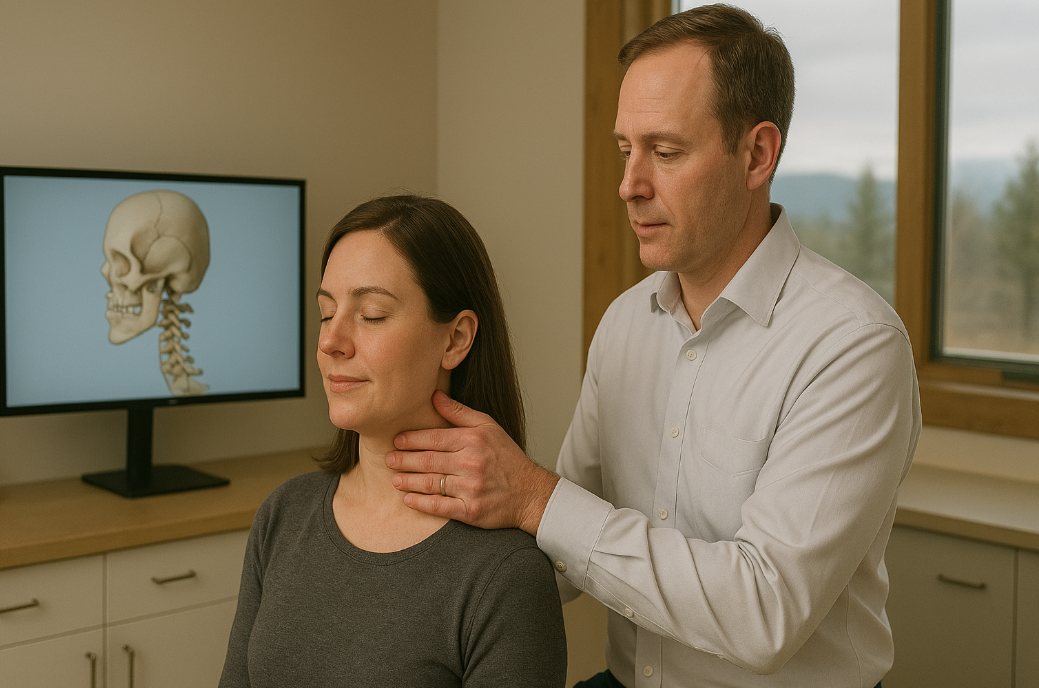 Chiropractor in Missoula examining patient’s neck for atlas (C1) misalignment at Krieg Chiropractic Center.